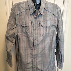 Cabelas Guide Wear Plaid Grey And Blue Button Down Vented Shirt Size Large Tall